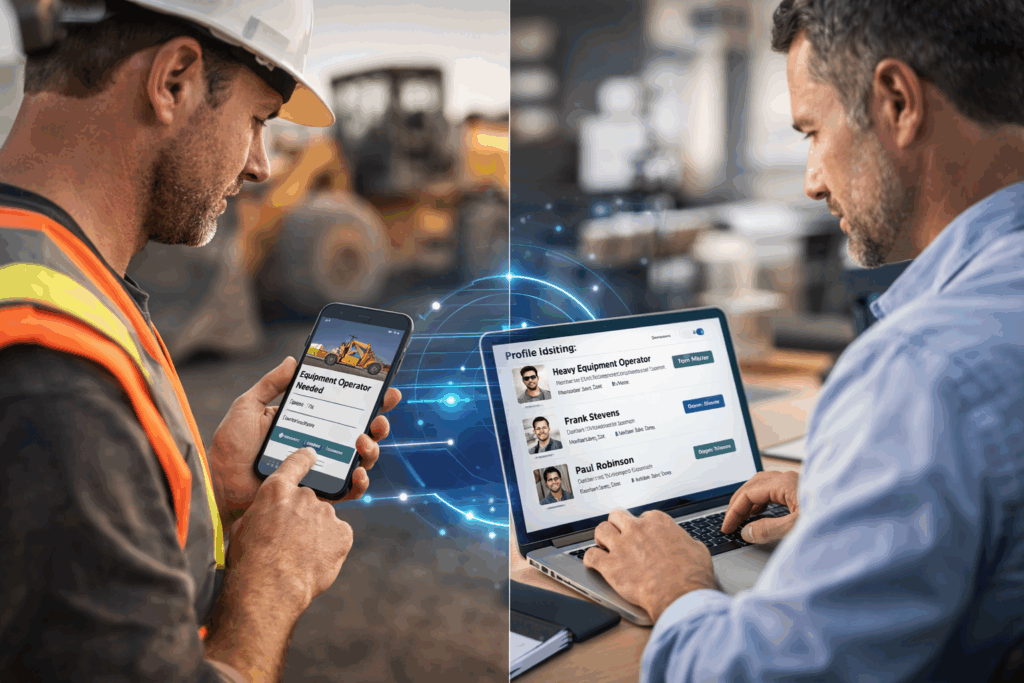 A dynamic split-screen concept showing an operator on one side (in safety gear or flight uniform) and a hiring manager or company rep on the other, both viewing matches on digital devices.