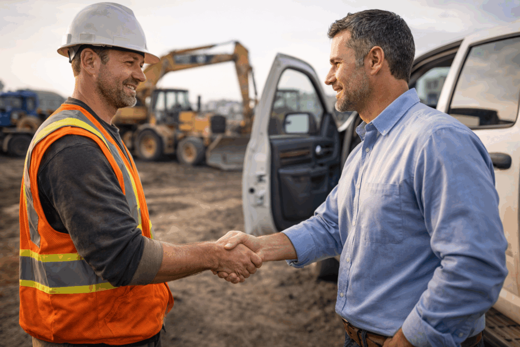 A handshake or conversation scene between an operator and employer at a job site or hangar. They’re meeting face-to-face after being matched online — with work trucks, aircraft, or heavy equipment in the background