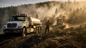 Wildland fire water tender truck and bulldozer working on a smoky forest ridge at golden hour as a contractor in yellow fire gear directs the equipment