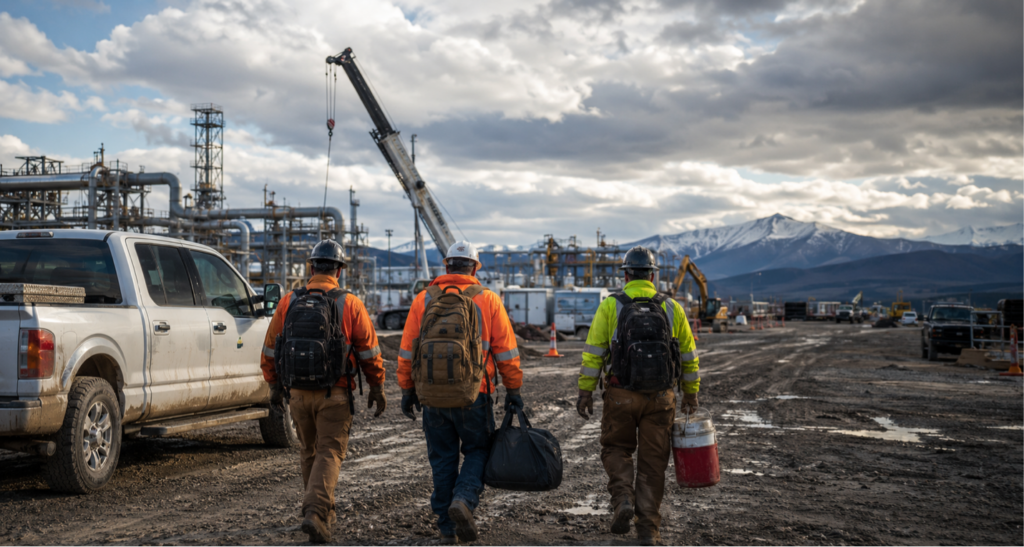 Traveling construction workers carrying gear across a remote industrial jobsite