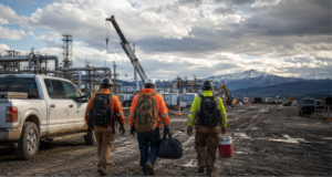 Traveling construction workers carrying gear across a remote industrial jobsite