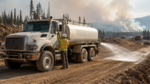 Water tender operator spraying a dirt access road near an active wildfire