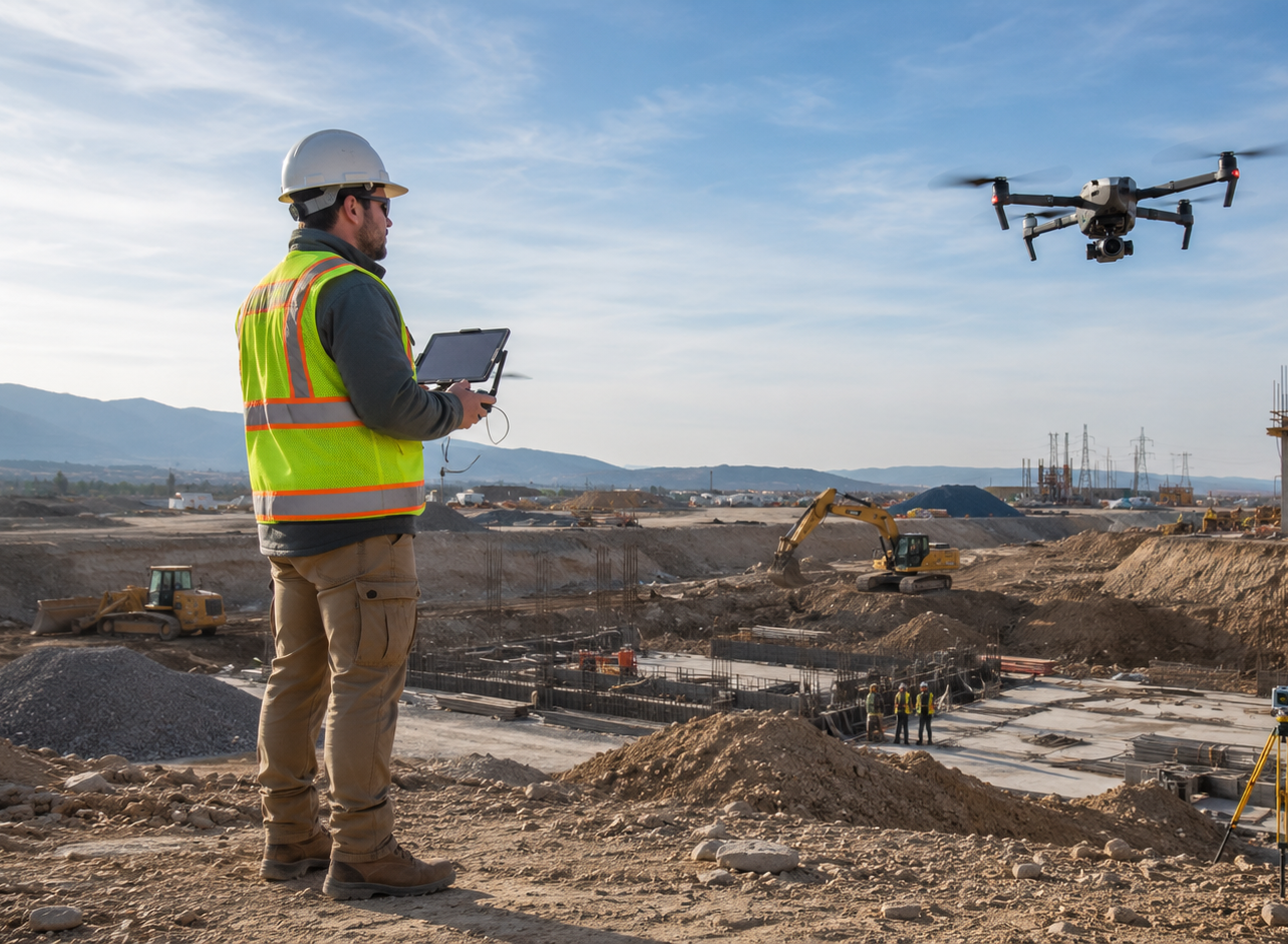 Commercial drone operator surveying an active construction site with a drone, heavy equipment, and workers in the background.