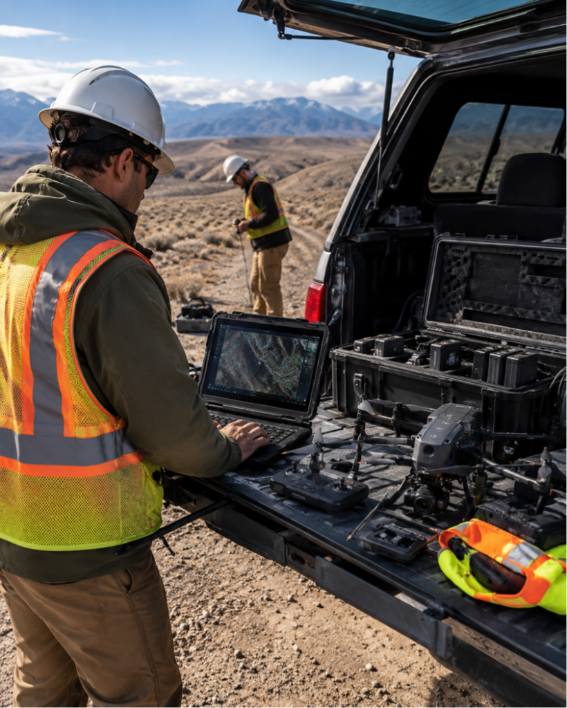Commercial drone operator reviewing mapping data on a rugged laptop beside professional drone equipment at a remote work site.